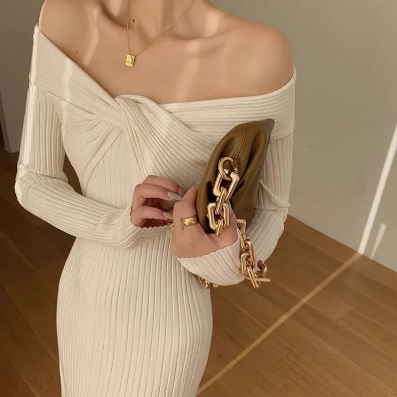 “Cashmere” Temperament Knitted Off Shoulder Designer Dress