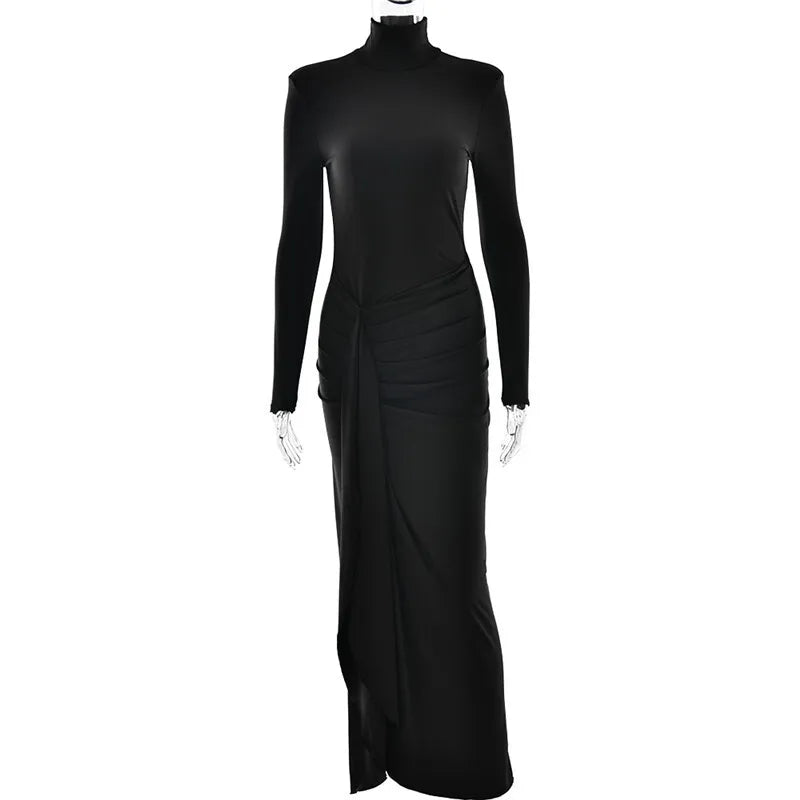 "Madison" Women's Draped Turtleneck Thigh High Split Long Sleeve Bodycon Maxi Dress
