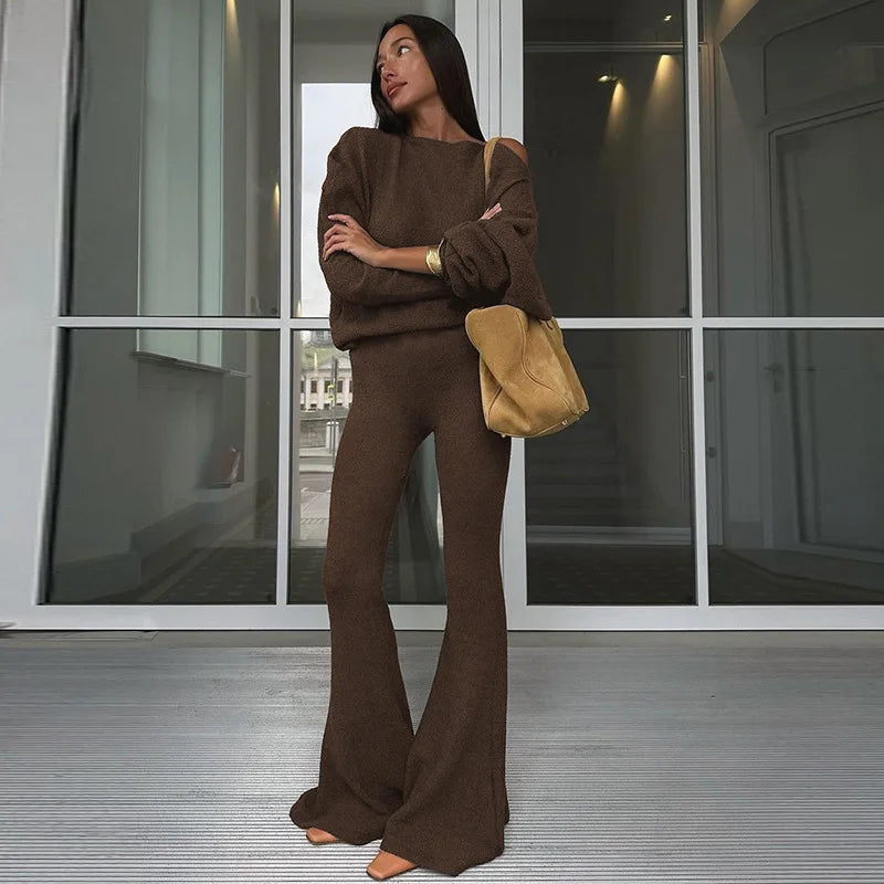 "Cashmere" Women's Casual Elegant Asymmetrical Top & Flare Pants 2 Piece Matching Lounge Set