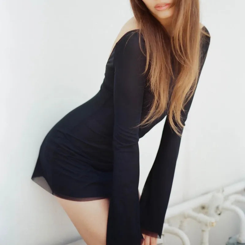 "Black Dalia" Elegant Black Backless Mesh Mini Dress