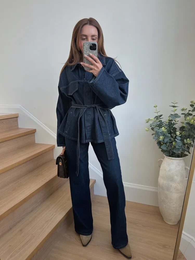 "Bel Air" Women's Cinched Lace Up Wide Leg Denim Pants Set