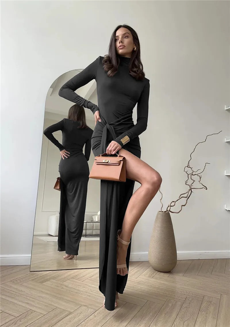 "Madison" Women's Draped Turtleneck Thigh High Split Long Sleeve Bodycon Maxi Dress