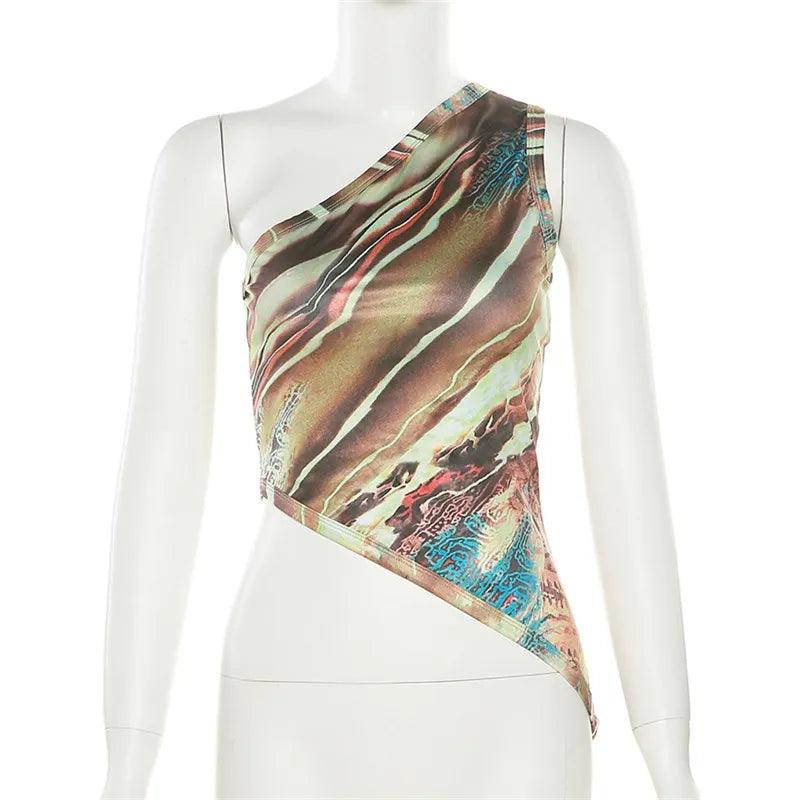 ”Dopamine” Women’s Asymmetric Print Y2K Style One Shoulder Crop Top