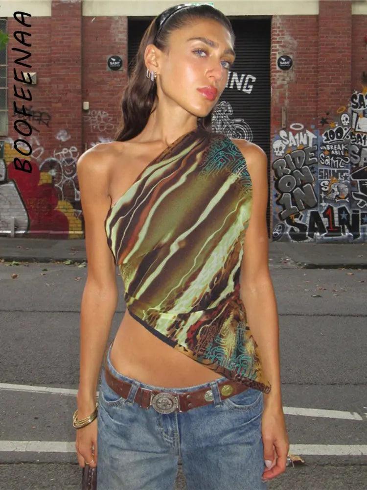 ”Dopamine” Women’s Asymmetric Print Y2K Style One Shoulder Crop Top