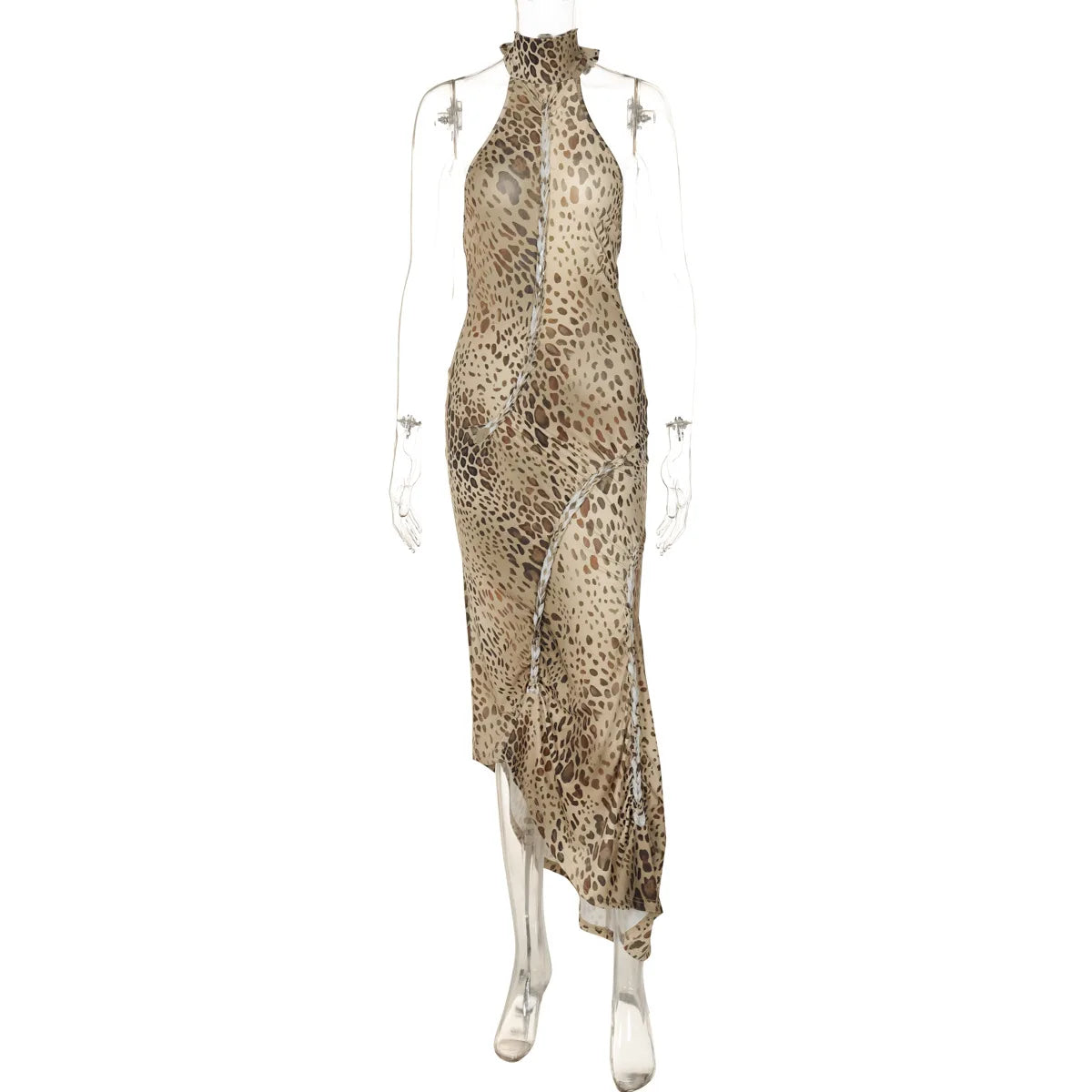 "Blackout" Women's Embellished Backless Leopard Print Maxi Dress