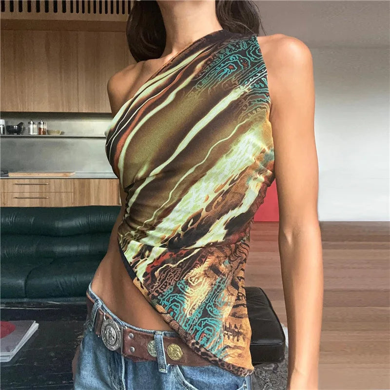 ”Dopamine” Women’s Asymmetric Print Y2K Style One Shoulder Crop Top