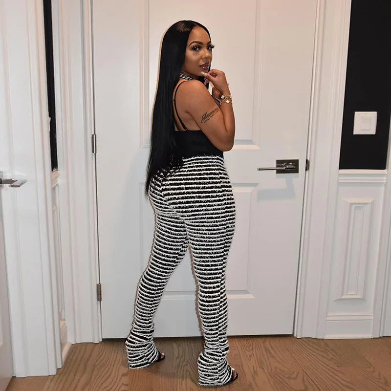 “Pay The Fee” Knitted Black and White Striped High Waist Flare Pants