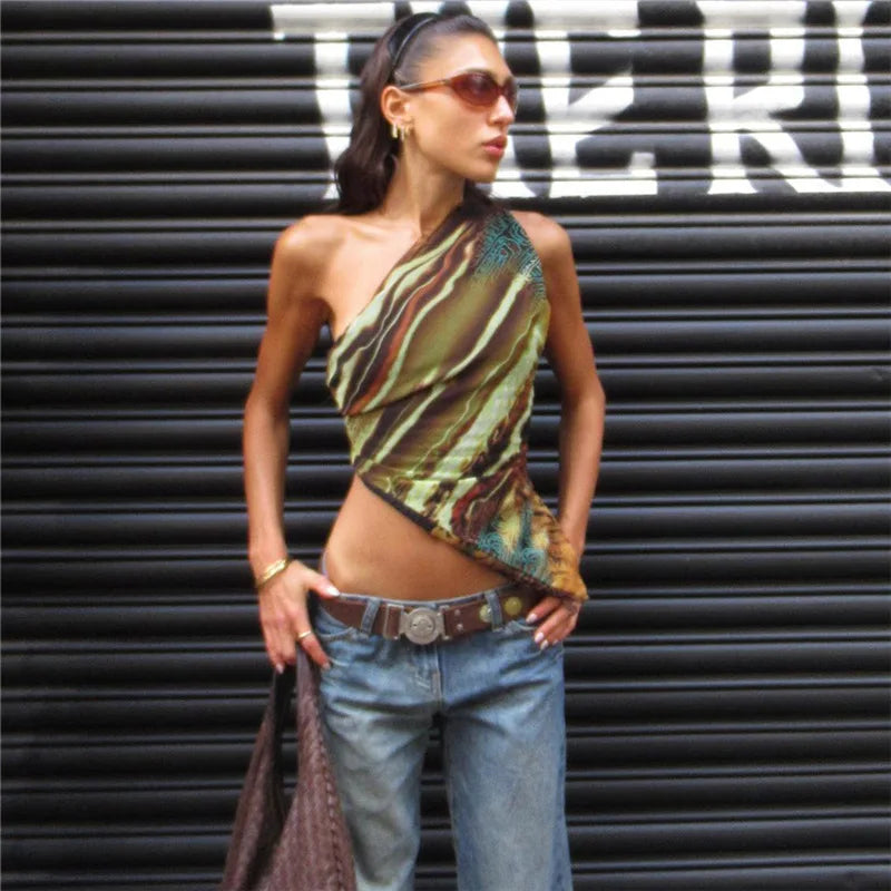 ”Dopamine” Women’s Asymmetric Print Y2K Style One Shoulder Crop Top