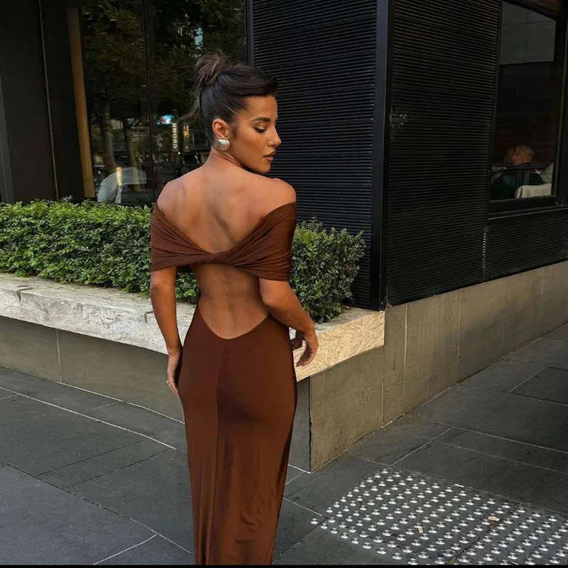 "Elena" Women's Backless Off Shoulder Bodycon Maxi Dress