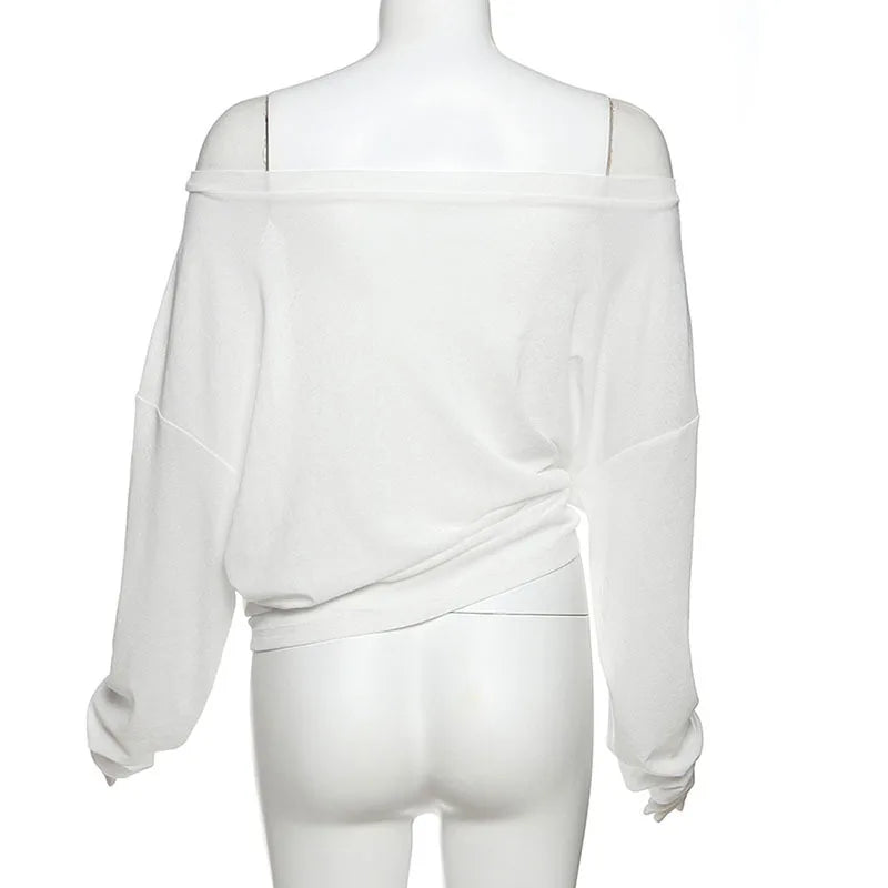 "Como" Women's See Though Off-Shoulder Long Sleeve Crop Top