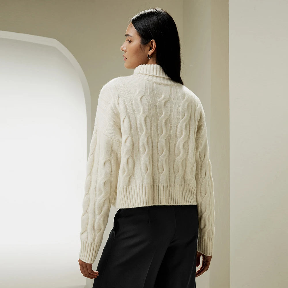 Luxe Women’s Cable Knit Oversized Turtleneck Cashmere Sweater
