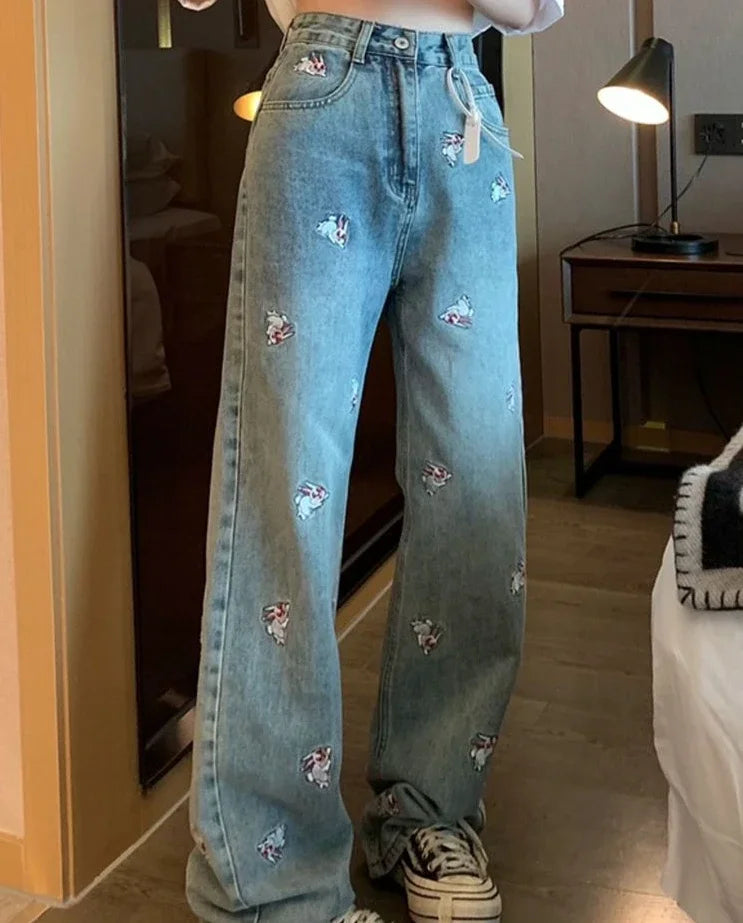 "Jinka" Women's Embroidered High Waist Straight Leg Jeans