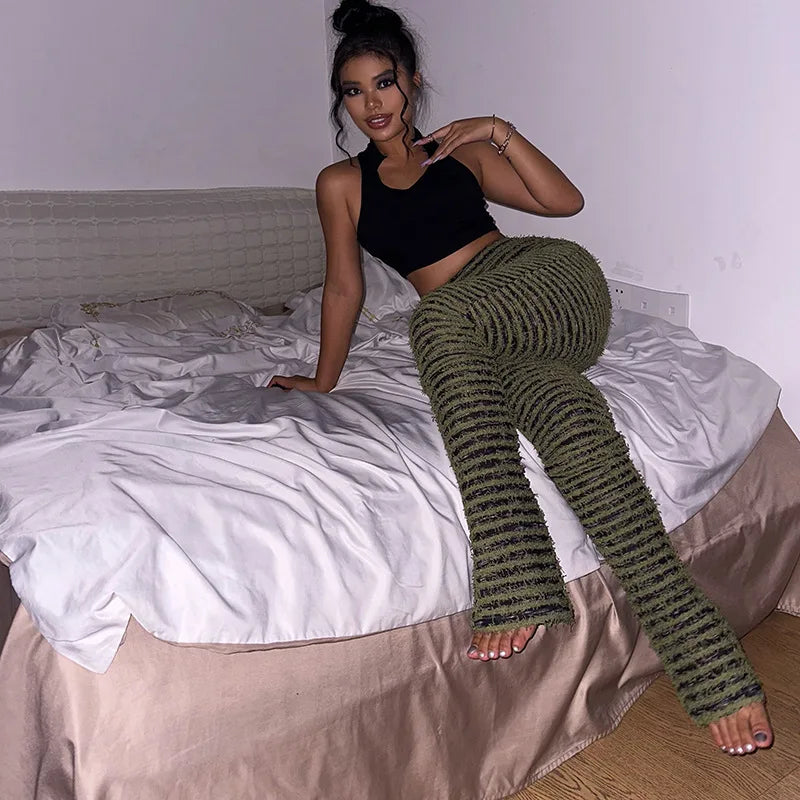 “Pay The Fee” Knitted Black and White Striped High Waist Flare Pants