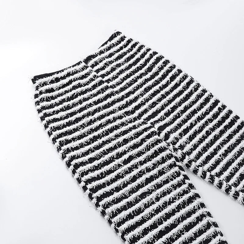 “Pay The Fee” Knitted Black and White Striped High Waist Flare Pants