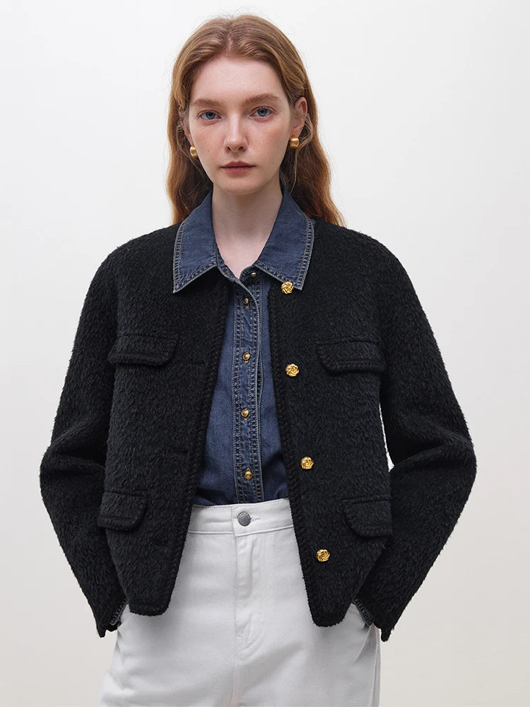 “Alpaca” Women’s Short Temperament Round Neck Wool Jacket