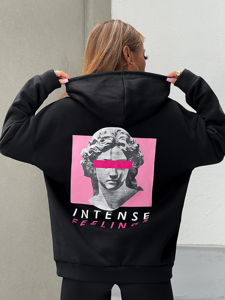 “Intense Feeling” Women’s Casual Graphic Print Black Hoodie