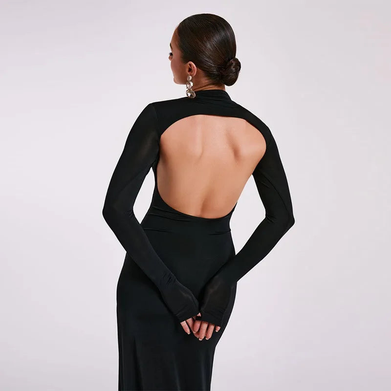 "Mystiq" Elegant Black Backless High Slit Maxi Dress
