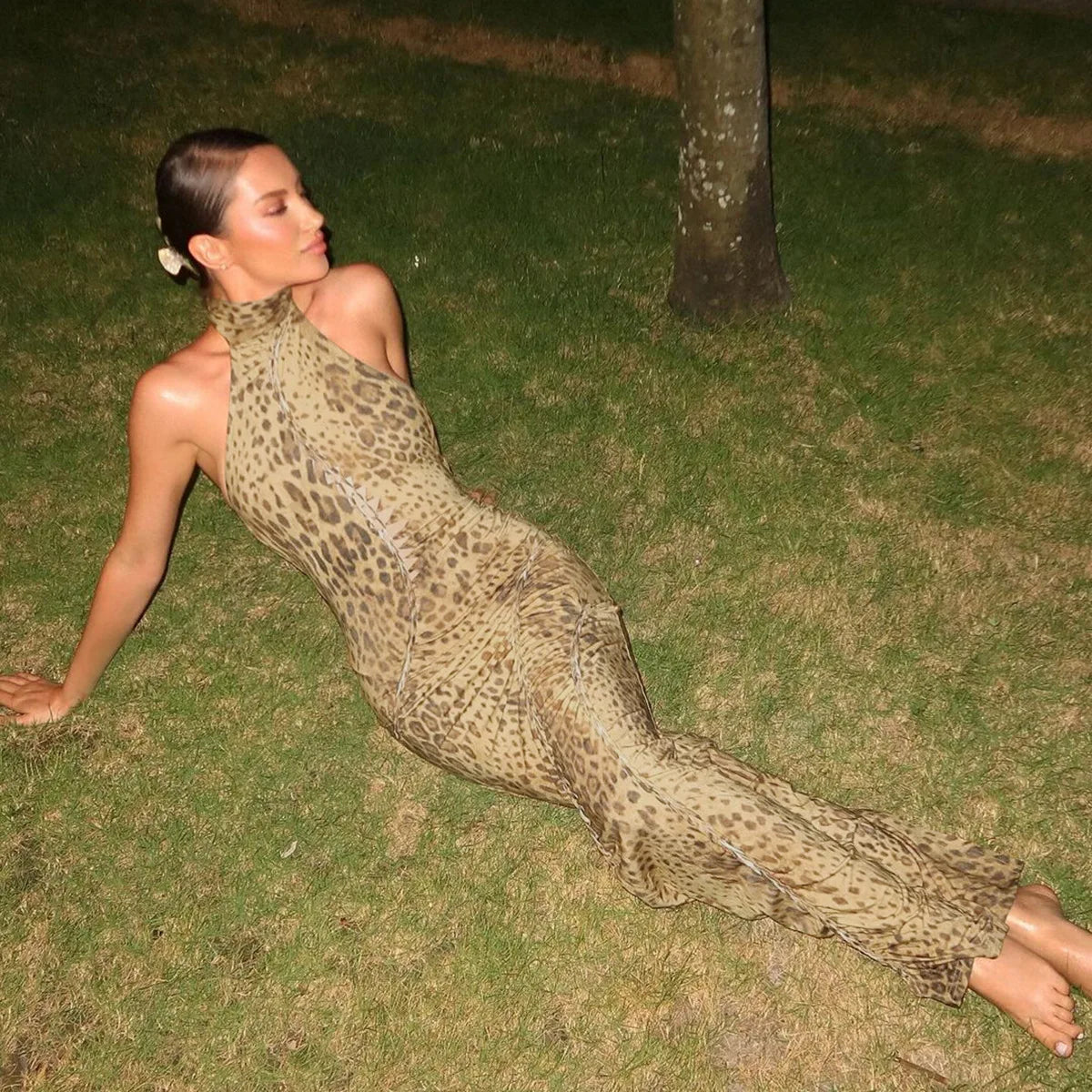 "Blackout" Women's Embellished Backless Leopard Print Maxi Dress