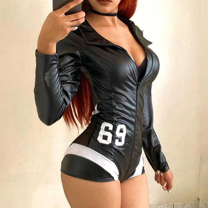 “Hot Lil Diva” Sexy Black Leather Long Sleeve Jumpsuit