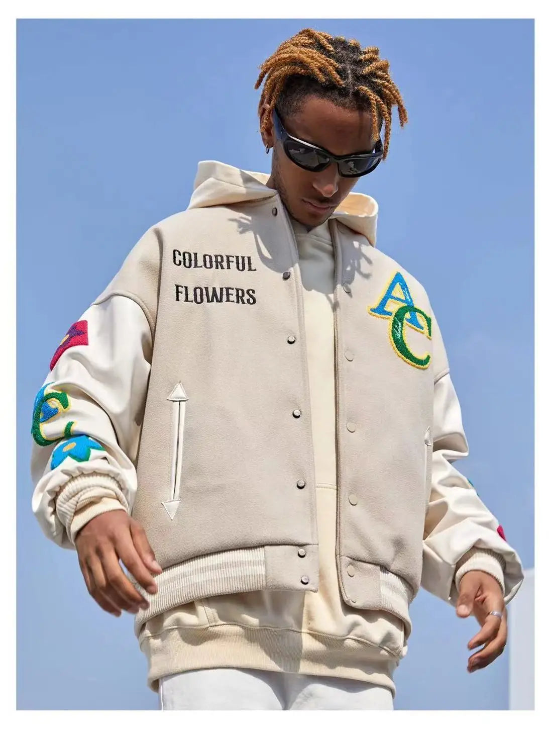 “Colorful Flowers” Men’s American Flower Embroidered Urban Bomber Jacket