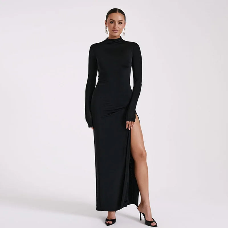 "Mystiq" Elegant Black Backless High Slit Maxi Dress