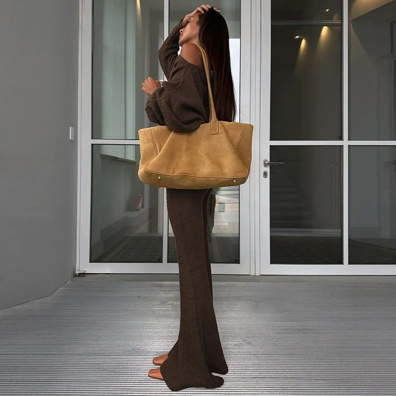 "Cashmere" Women's Casual Elegant Asymmetrical Top & Flare Pants 2 Piece Matching Lounge Set