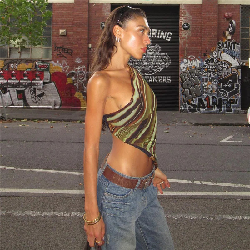 ”Dopamine” Women’s Asymmetric Print Y2K Style One Shoulder Crop Top