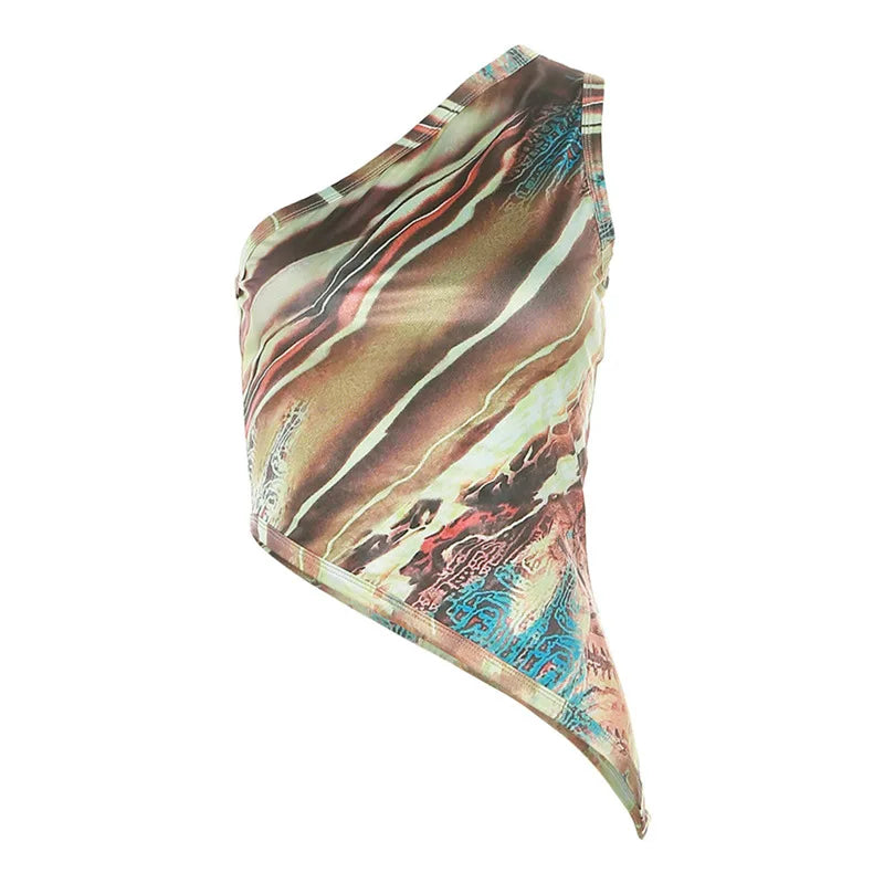 ”Dopamine” Women’s Asymmetric Print Y2K Style One Shoulder Crop Top