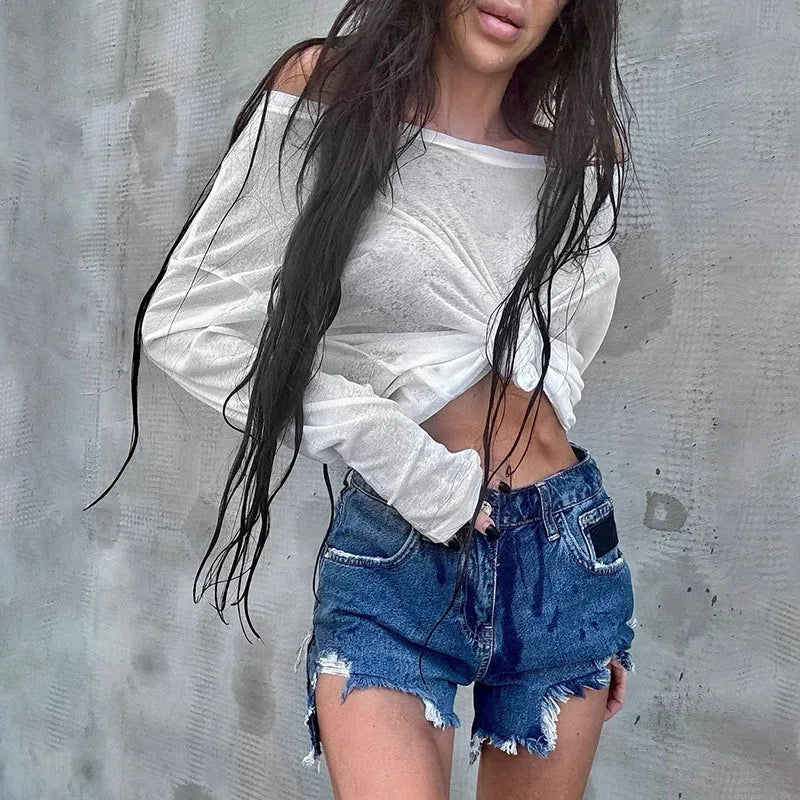 "Como" Women's See Though Off-Shoulder Long Sleeve Crop Top