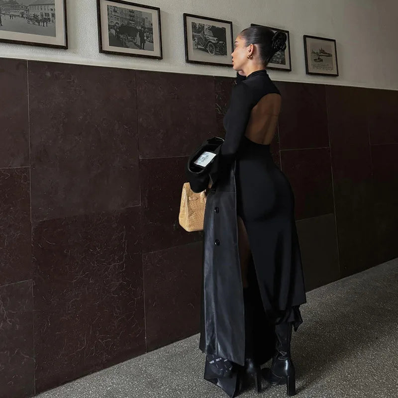 "Mystiq" Elegant Black Backless High Slit Maxi Dress