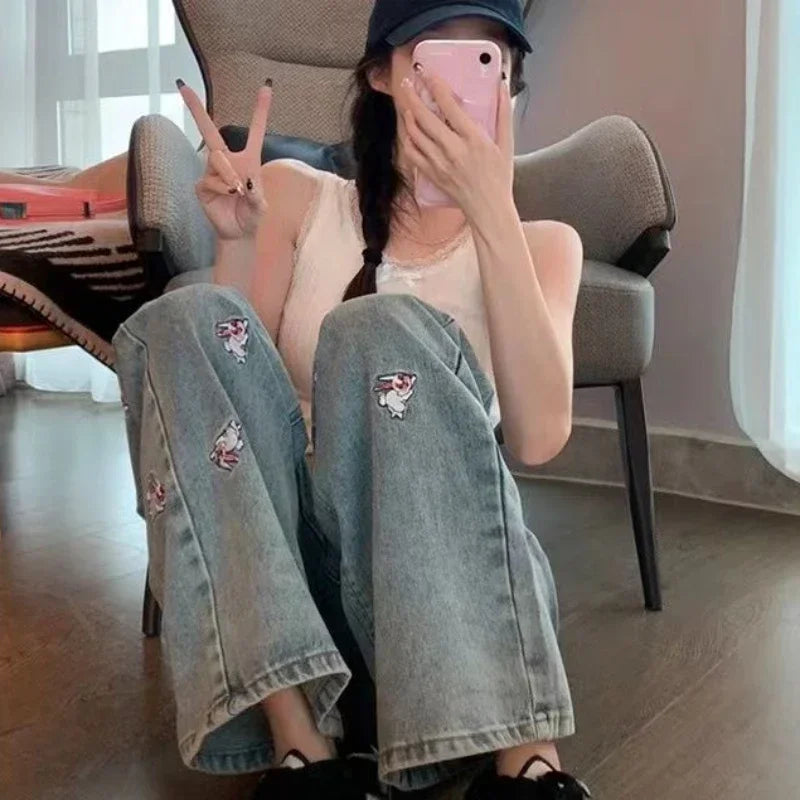 "Jinka" Women's Embroidered High Waist Straight Leg Jeans