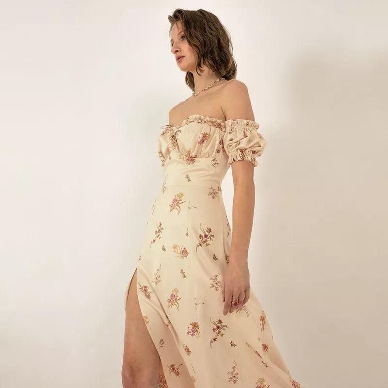 "Dandelion Dreams" Floral Print Off Shoulder Puff Sleeve Maxi Dress