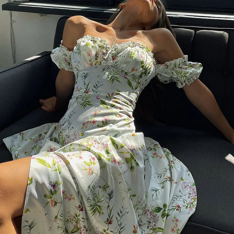 "Dandelion Dreams" Floral Print Off Shoulder Puff Sleeve Maxi Dress