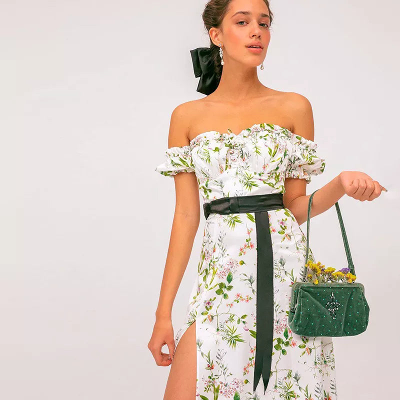 "Dandelion Dreams" Floral Print Off Shoulder Puff Sleeve Maxi Dress