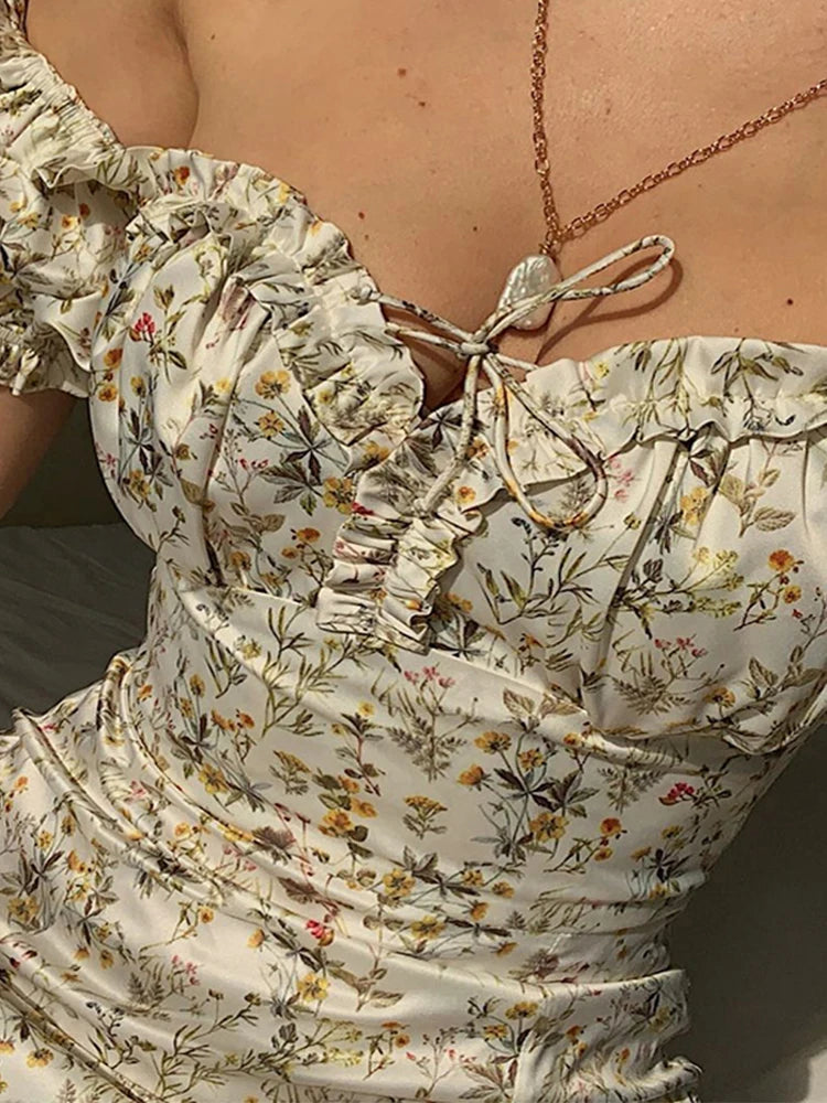 "Dandelion Dreams" Floral Print Off Shoulder Puff Sleeve Maxi Dress