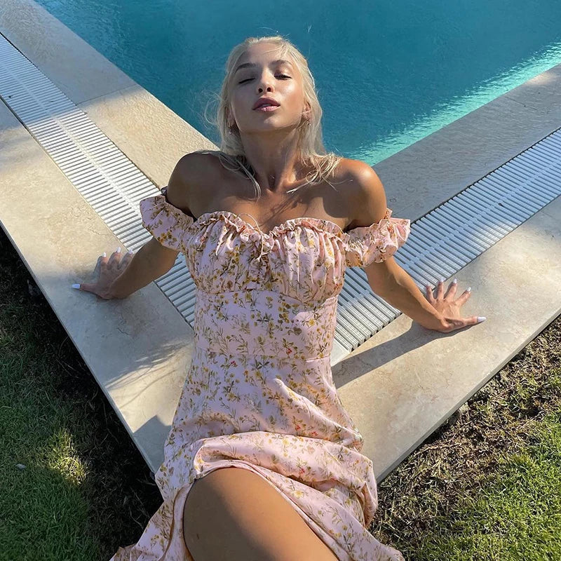 "Dandelion Dreams" Floral Print Off Shoulder Puff Sleeve Maxi Dress