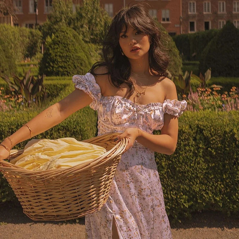 "Dandelion Dreams" Floral Print Off Shoulder Puff Sleeve Maxi Dress