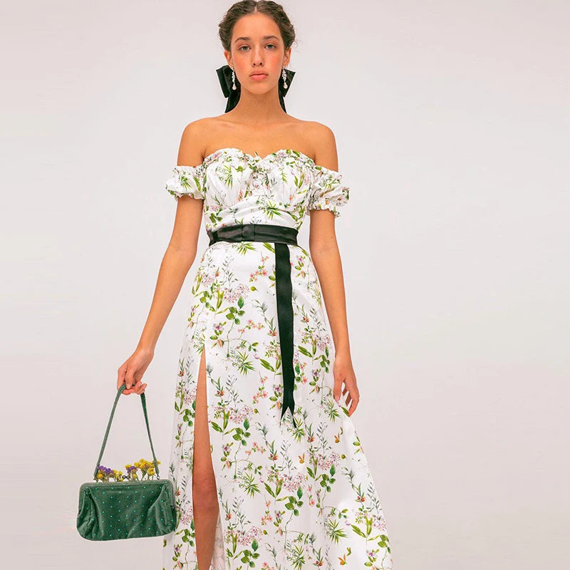 "Dandelion Dreams" Floral Print Off Shoulder Puff Sleeve Maxi Dress