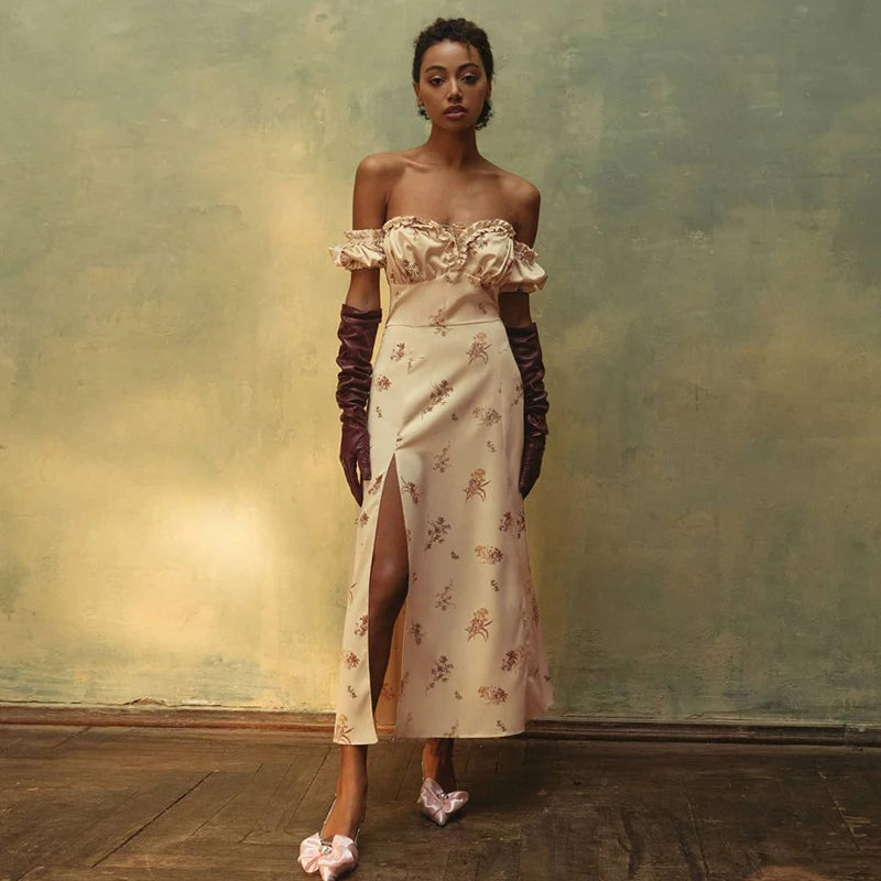 "Dandelion Dreams" Floral Print Off Shoulder Puff Sleeve Maxi Dress