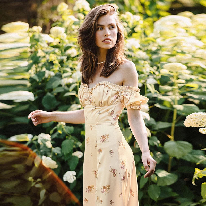 "Dandelion Dreams" Floral Print Off Shoulder Puff Sleeve Maxi Dress